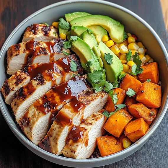 A bowl of food with meat, avocado, corn and carrots.