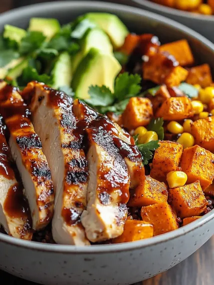 A bowl of food with chicken and vegetables.