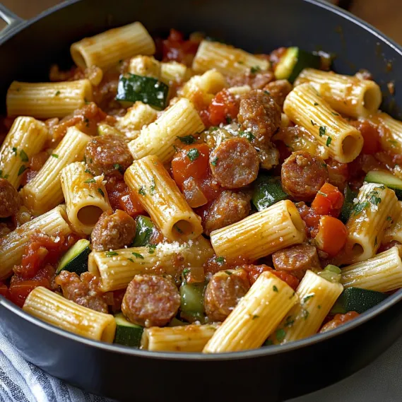 A bowl of pasta with meat and vegetables.