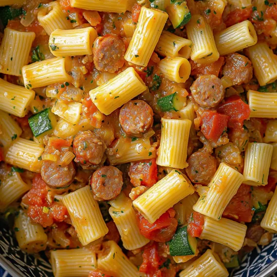 A bowl of pasta with sausage and vegetables.