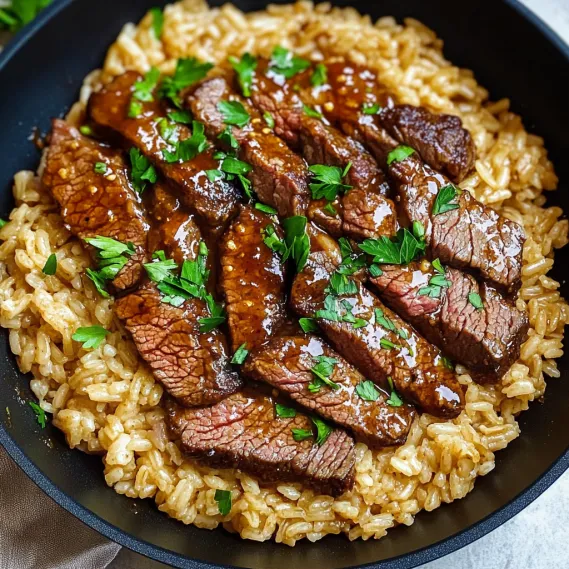 A bowl of rice with meat and sauce.