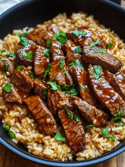 A bowl of rice with meat and sauce.