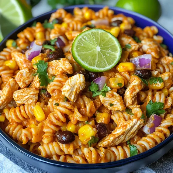 A bowl of pasta with chicken and vegetables.