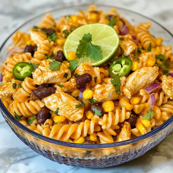 A bowl of pasta with chicken, corn, and lime.