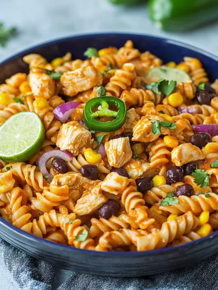 A bowl of pasta with chicken and vegetables.