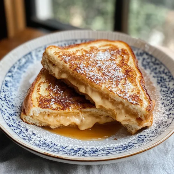 Two pieces of French toast with powdered sugar on a plate.