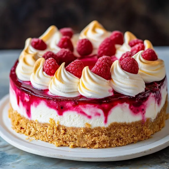 A slice of cake with raspberries on top.