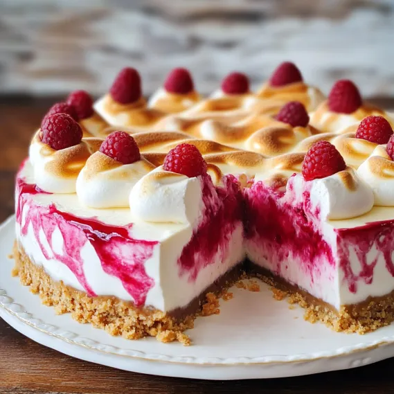 A slice of cake with raspberries on top.
