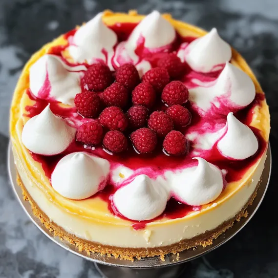 A slice of cake with white frosting and raspberries.