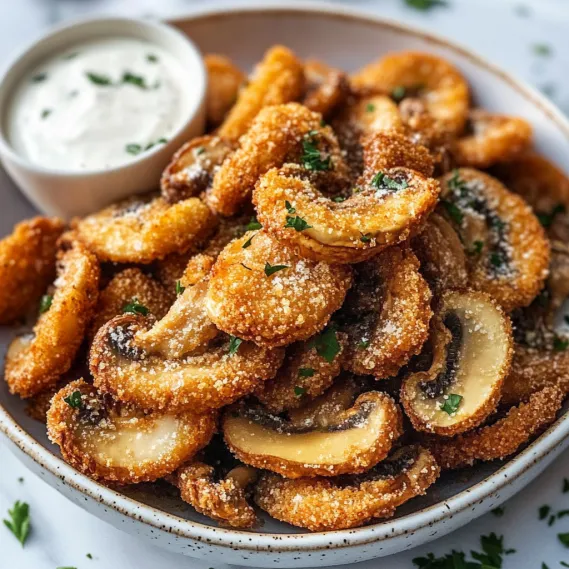 A bowl of fried onion rings with a dipping sauce.