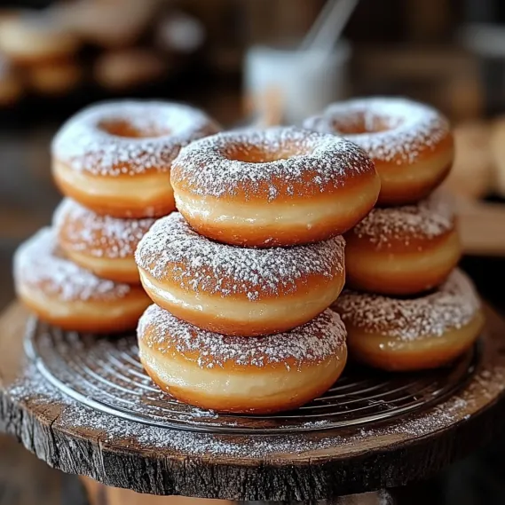 A stack of donuts with powdered sugar on top.
