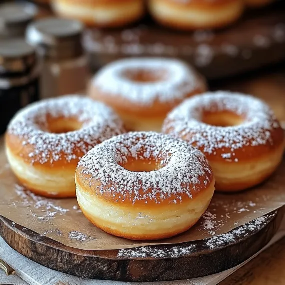 Three donuts with powdered sugar on a plate.