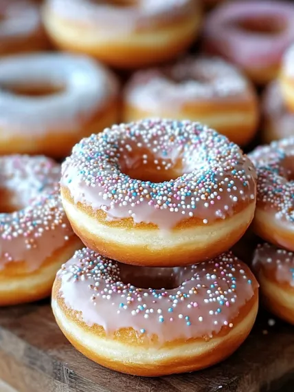 A stack of donuts with sprinkles on top.