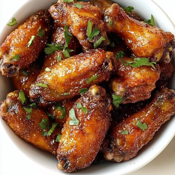 A bowl of chicken wings with sauce.