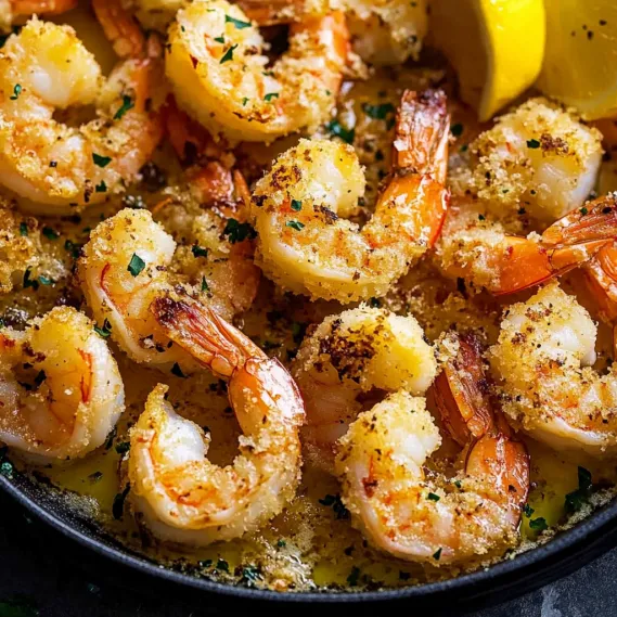A bowl of shrimp with lemon wedges on top.