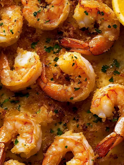 A plate of shrimp with herbs on top.