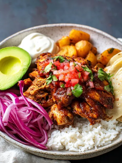 A bowl of food with rice, meat, and vegetables.