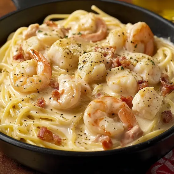 A bowl of shrimp and pasta.