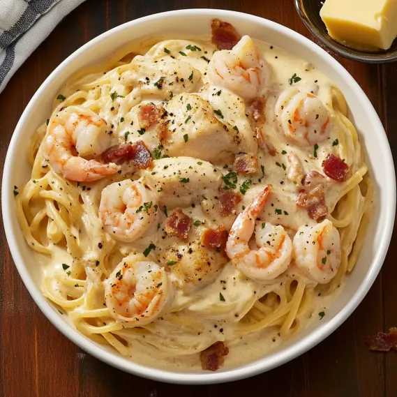 A bowl of shrimp and pasta.
