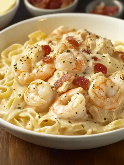 A bowl of shrimp and pasta.