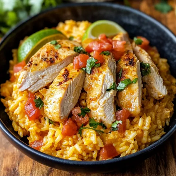A bowl of rice with chicken and tomatoes.