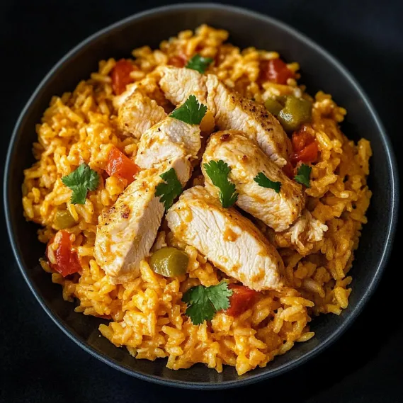 A bowl of rice with chicken and tomatoes.