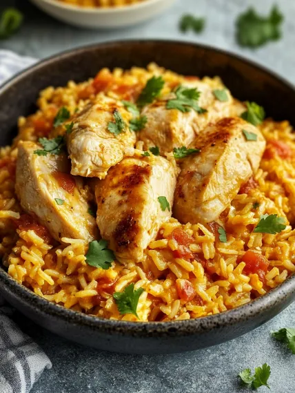 A bowl of rice with chicken and tomatoes.