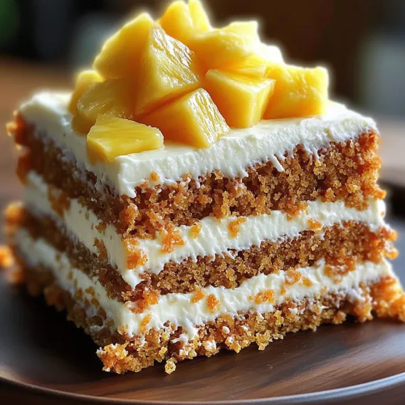 A slice of cake with pineapple on top.