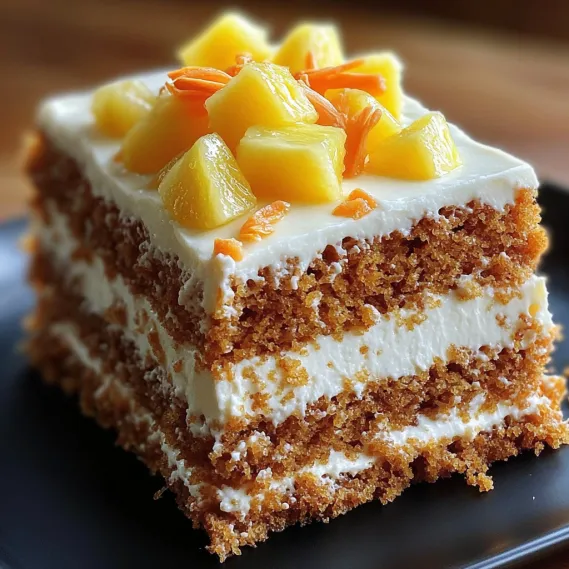 A slice of cake with pineapple on top.