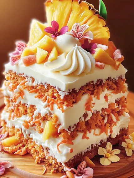 A cake with pineapple and coconut on top.