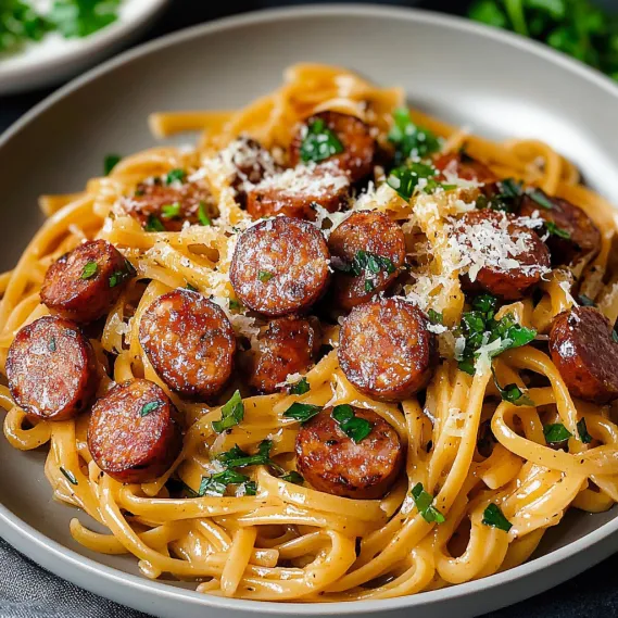 A bowl of pasta with sausage and cheese.