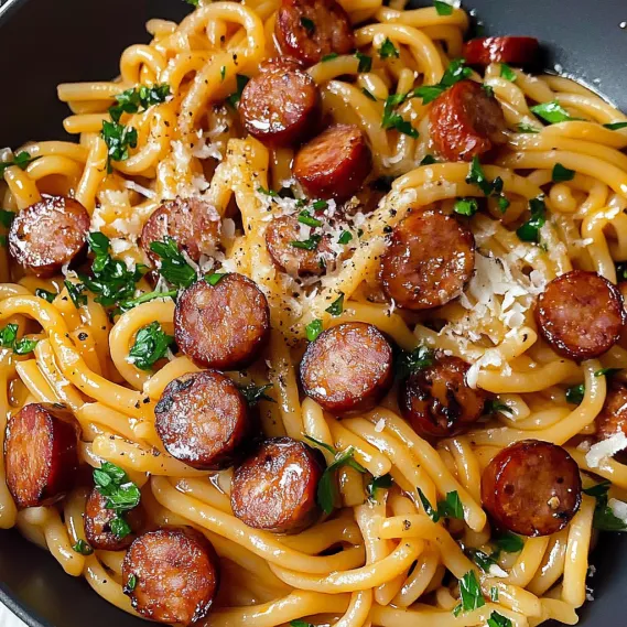A bowl of spaghetti with meatballs and sausage.