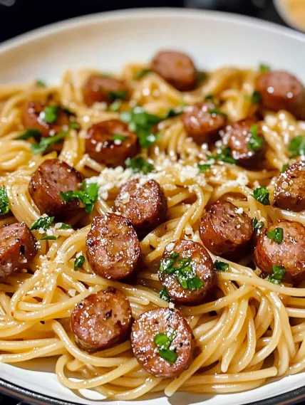 A plate of pasta with sausage and cheese.