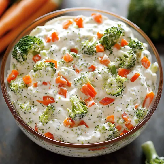 A bowl of vegetables with a white sauce.