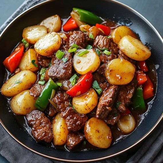 A bowl of meat and vegetables.