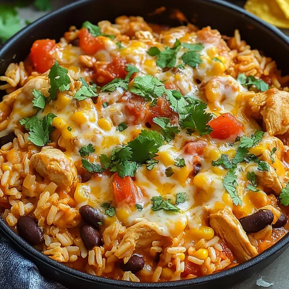 A bowl of food with rice, beans, corn, and chicken.