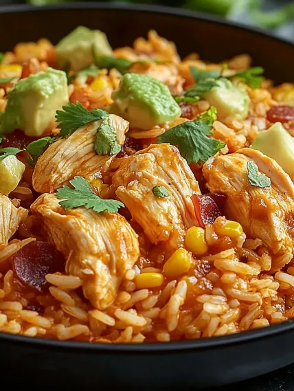A bowl of rice with chicken and vegetables.