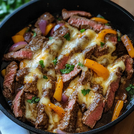 A pan of beef with peppers and onions.