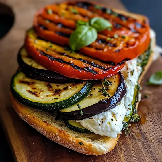 A sandwich with tomatoes, zucchini, and basil.