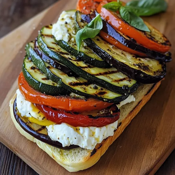 A sandwich with tomatoes, zucchini, and cheese.