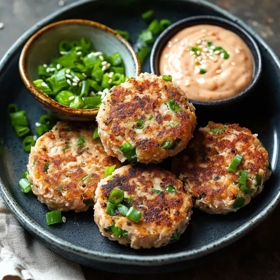 A plate of food with two crab cakes and two dipping sauces.