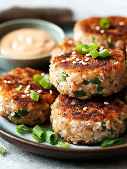 A plate of crab cakes with a dipping sauce.