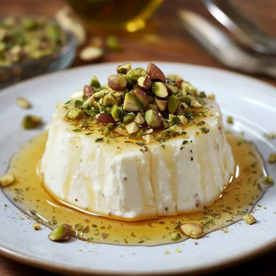 A plate of food with a drizzle of honey.