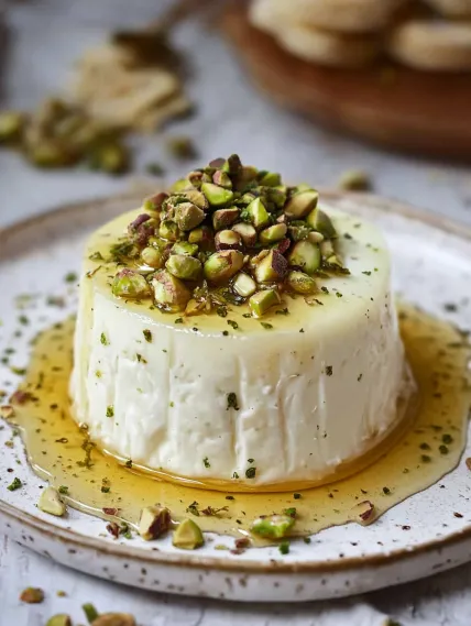 A plate of food with a drizzle of honey.