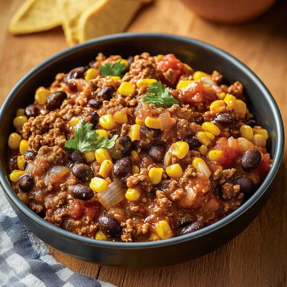 A bowl of chili with beans, corn, and tomatoes.