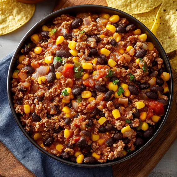 A bowl of chili with beans and corn.