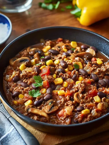 A bowl of chili with mushrooms and beans.