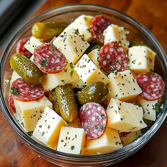 A bowl of meat and pickles.