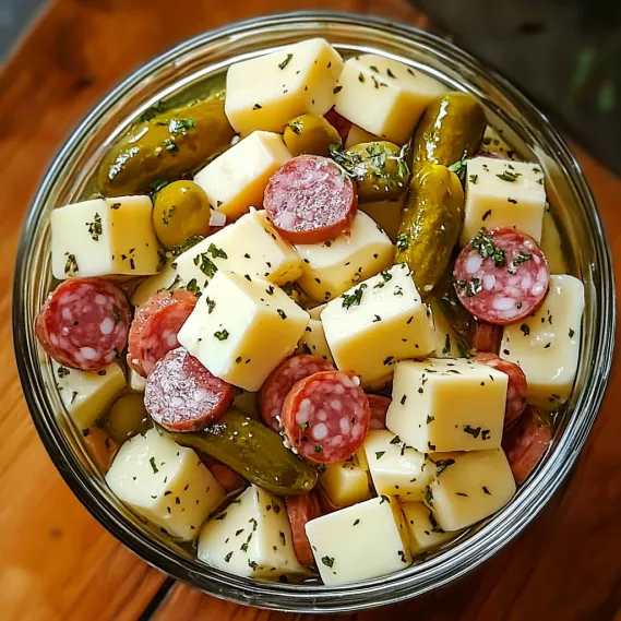A bowl of food with meat and pickles.