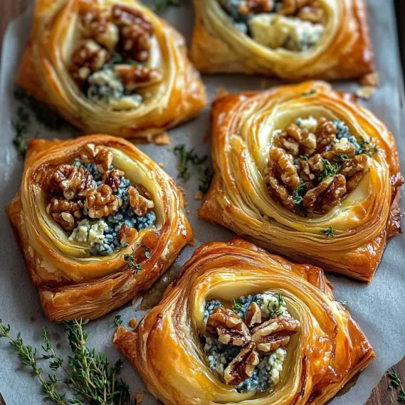 A plate of pastries with walnuts and blue cheese.